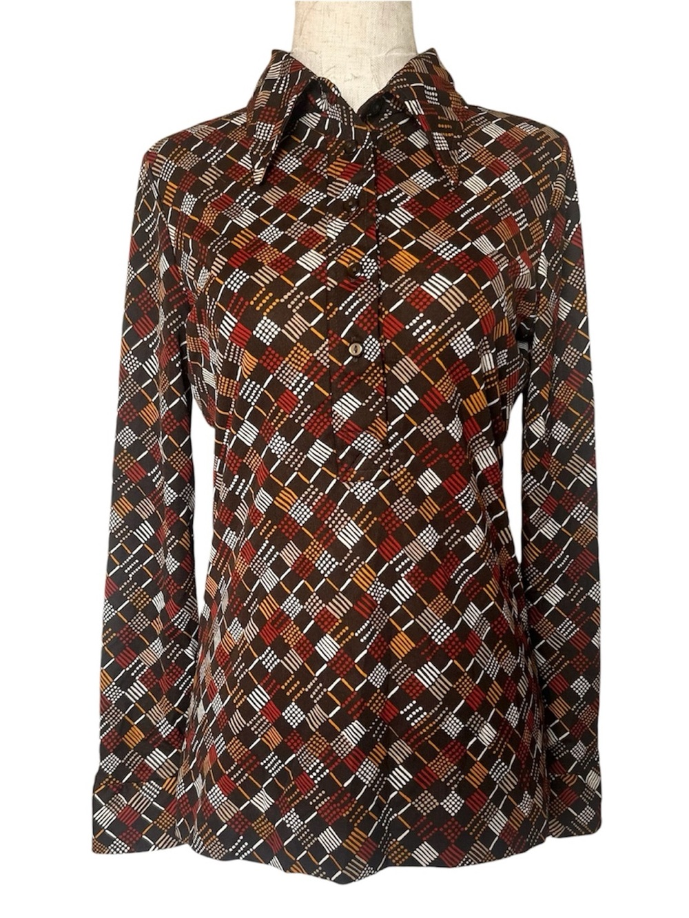 70s Long Sleeve Button Polo Top - Brown Multi